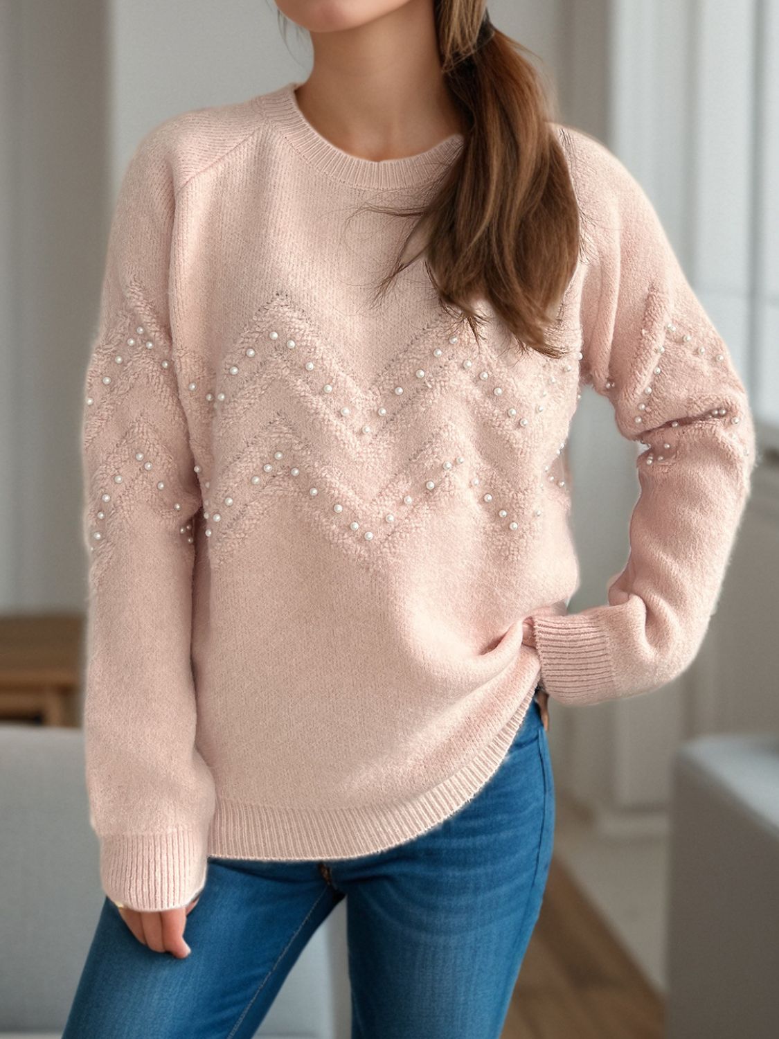 Pearl Trim Round Neck Raglan Sleeve Sweater