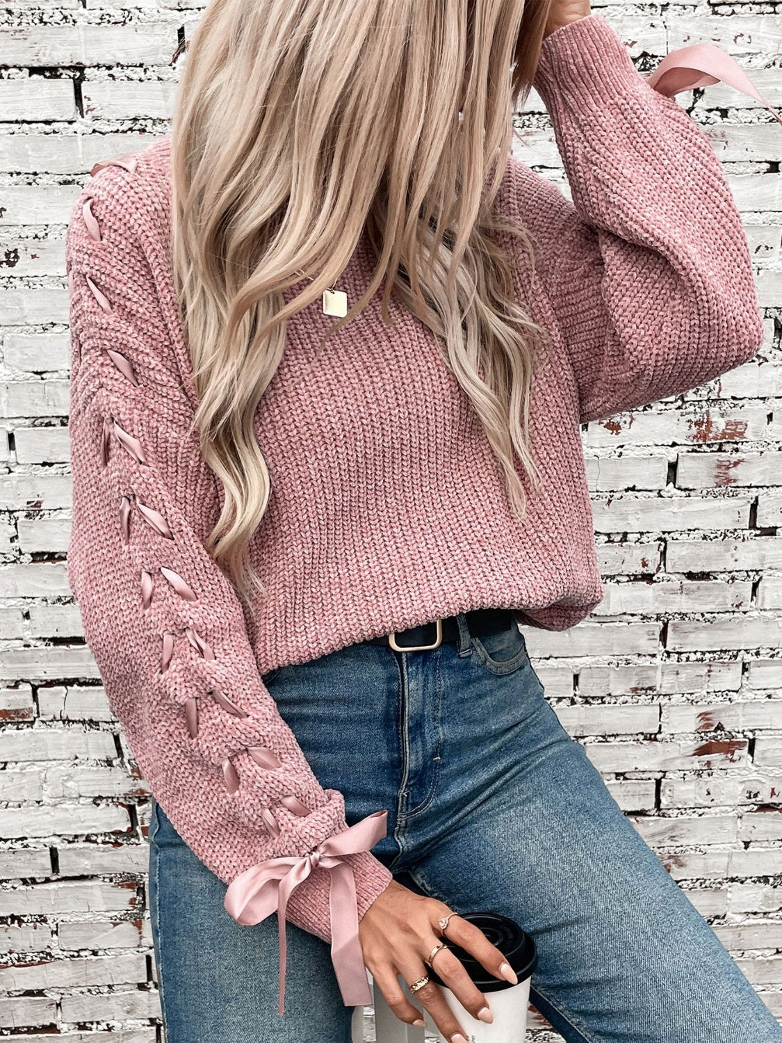 Lace Up Round Neck Long Sleeve Sweater