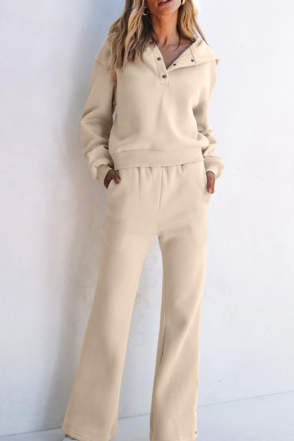 Half Snap Long Sleeve Hooded Top and Pants Set