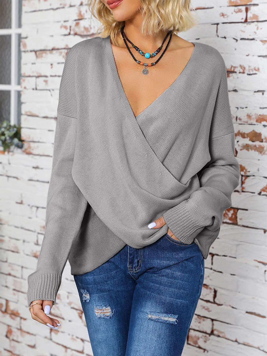 Surplice Dropped Shoulder Long Sleeve Sweater