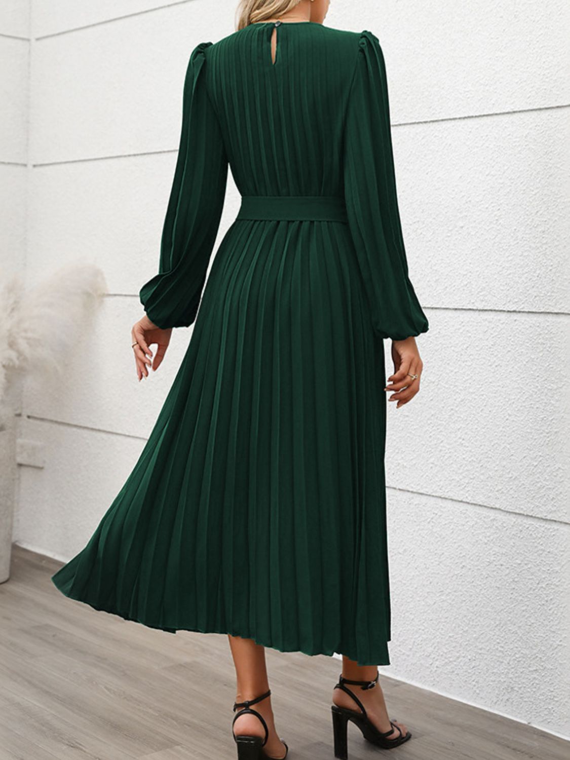 Perfee Pleated Round Neck Long Sleeve Midi Dress