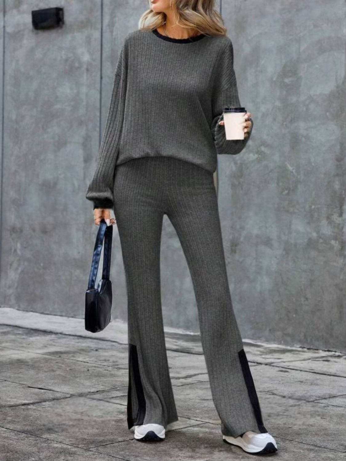 Contrast Round Neck Long Sleeve Top and Bootcut Pants Set