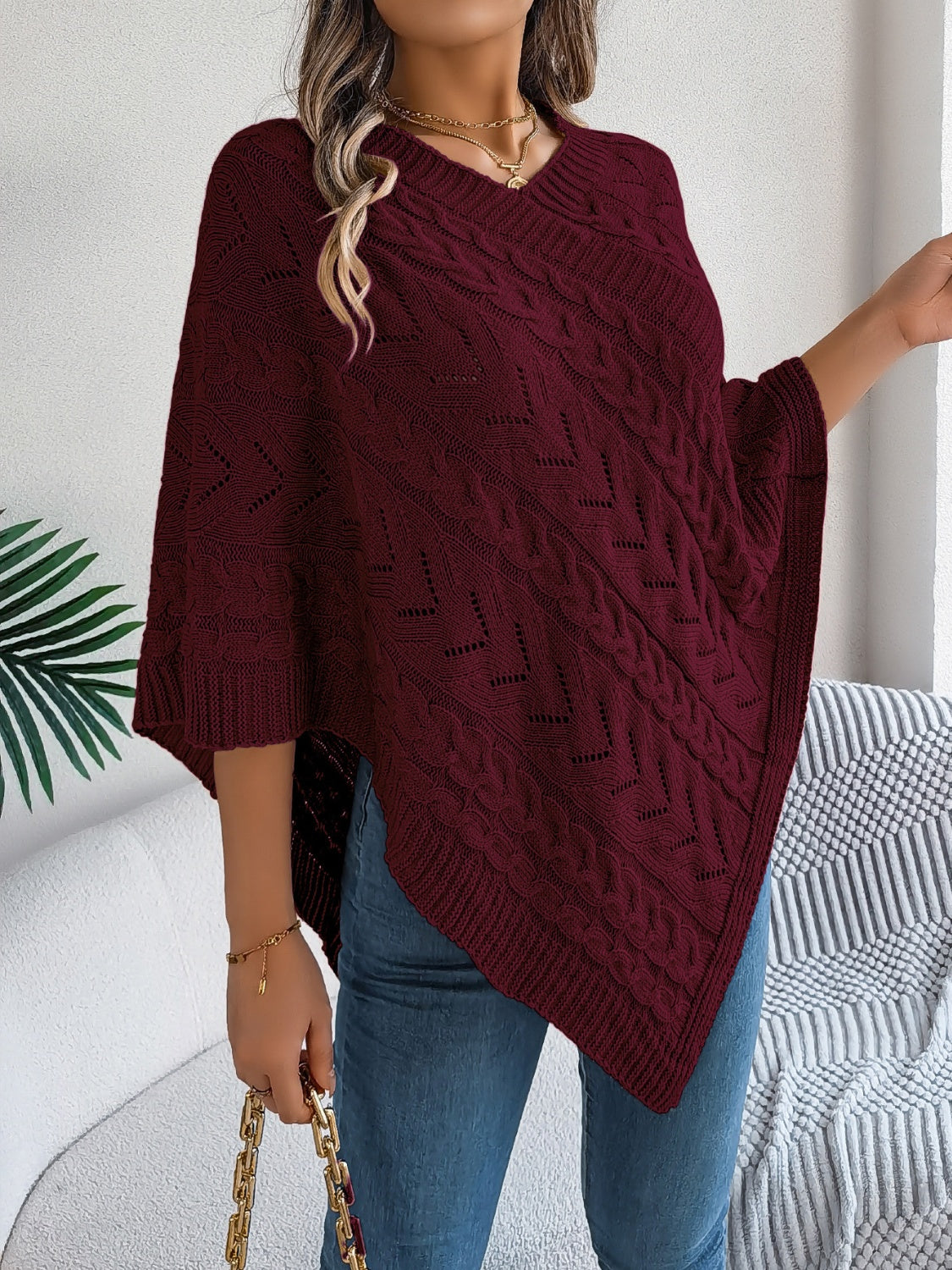 Cable-Knit Openwork Three-Quarter Sleeve Sweater