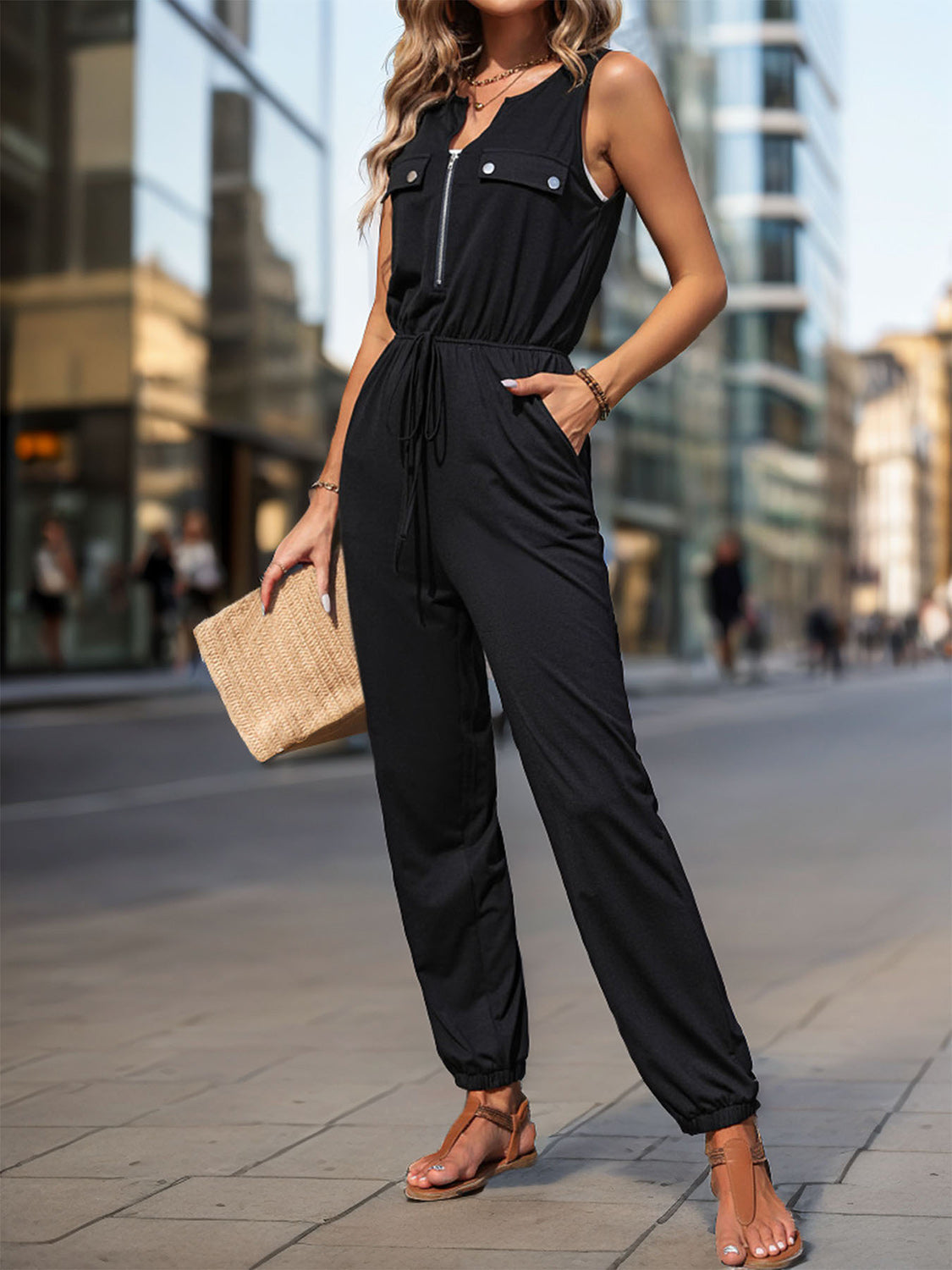 Perfee Half Zip Sleeveless Jumpsuit with Pockets