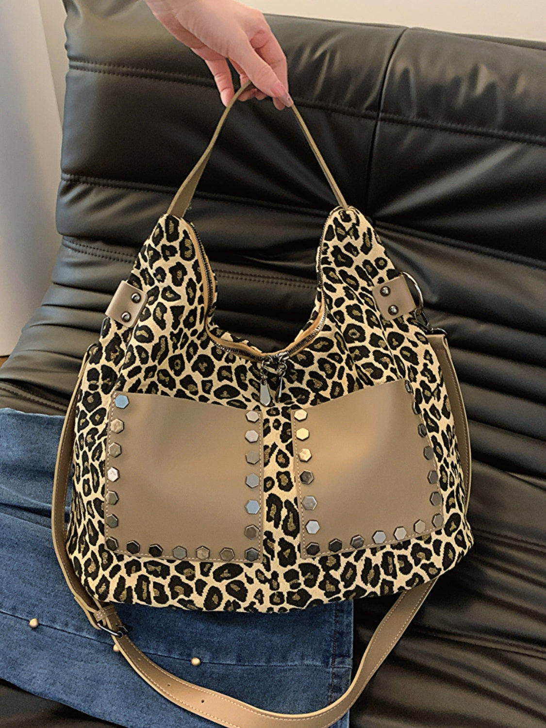 Leopard Polyester Shoulder Bag with Zippers