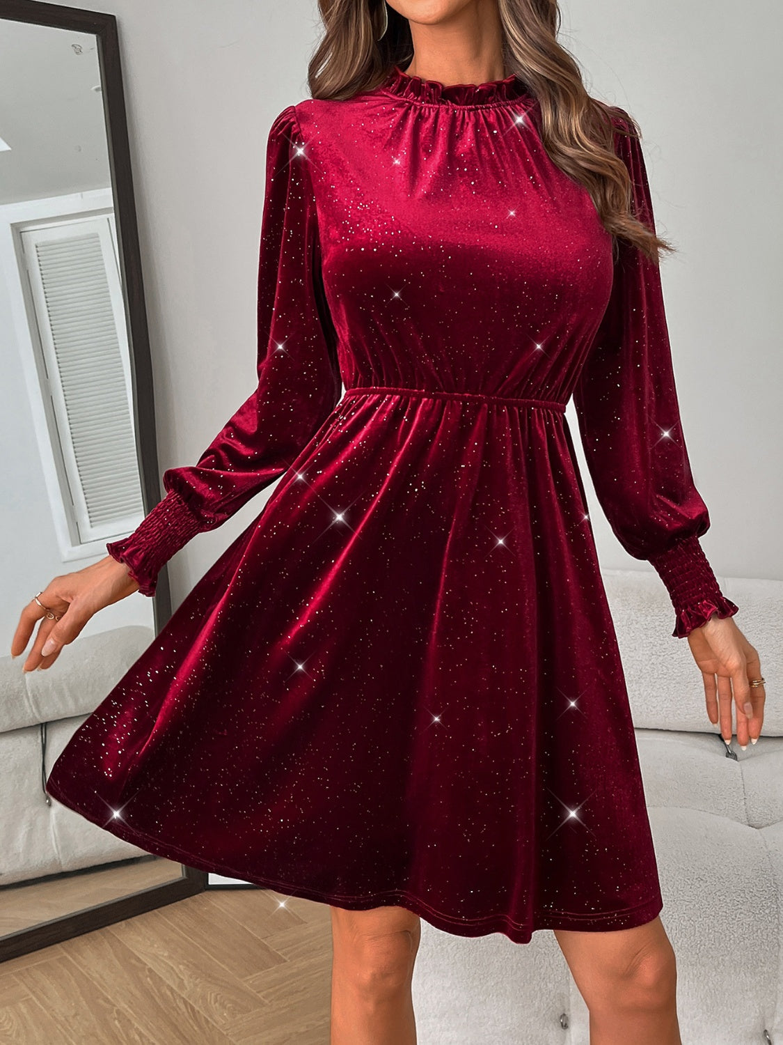 Glitter Mock Neck Long Sleeve Mini Dress