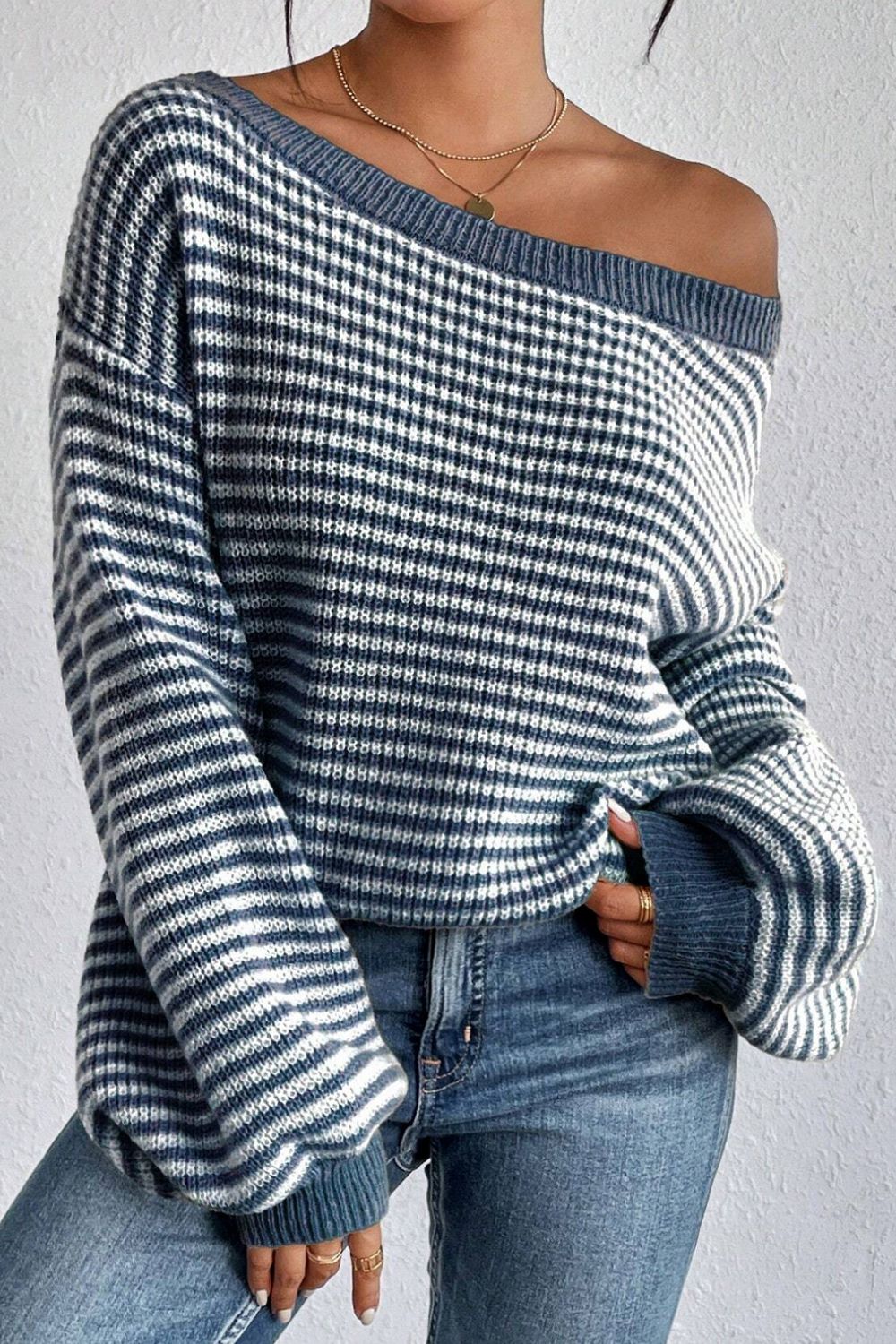 Striped Boat Neck Long Sleeve Sweater