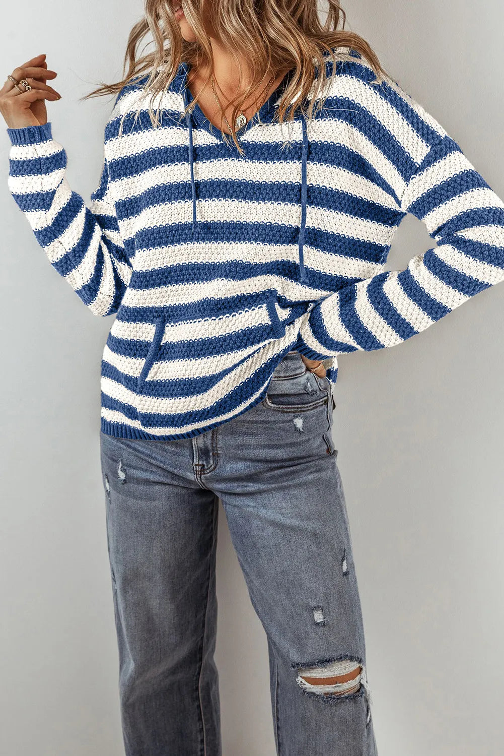 Drawstring Striped Long Sleeve Hooded Sweater