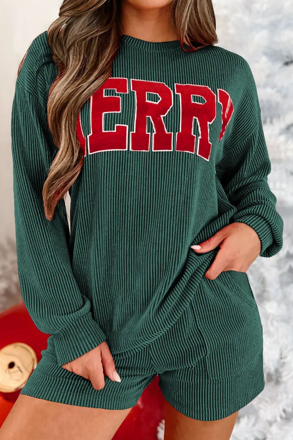 MERRY Round Neck Long Sleeve Top and Shorts Lounge Set